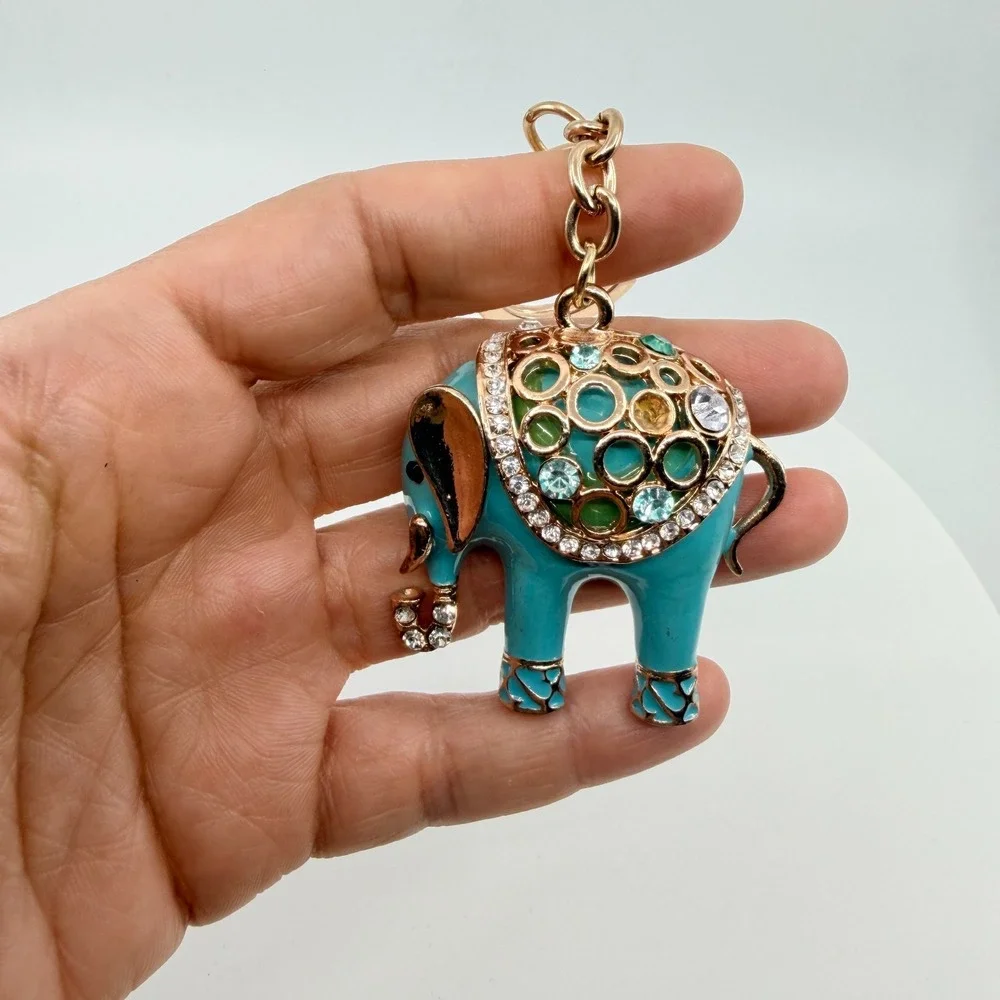 Vintage Teal Enamel Elephant Keychain with Gold Tone & Rhinestones